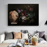 tableau lion et feuilles sombre