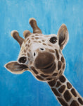 Cadre peinture girafe fond bleu