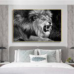 tableau noir et blanc lion