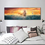 tableau peinture bateaux ciel orange