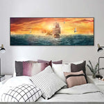 tableau peinture bateaux et coucher de soleil