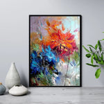 tableau peinture fleurs bleues et oranges