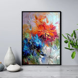 tableau peinture fleurs bleues et oranges