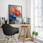 tableau peinture fleurs bleues et oranges
