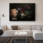 tableau lion et feuilles sombre