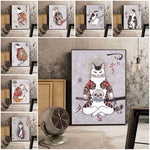 Japanese floating Samurai Cat Canvas Painting retro style 