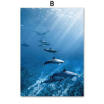 White Coral Dolphin Whale Blue Wave Wall Art Canvas Painting