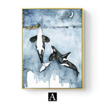 Watercolor Whale Animal Poster Abstract Blue Ocean Landscape