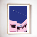 Tableau peinture avion et immeuble rose