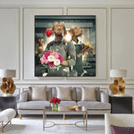 tableau vintage chien et bouquet de fleur