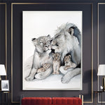 tableau photo de famille de lion sur fond blanc