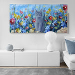 tableau peinture chat gris et fleurs
