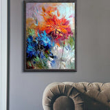 tableau peinture fleurs bleues et oranges