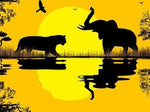 Cadre ombre tigre et éléphant fond jaune