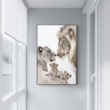 tableau fond blanc famille de lion