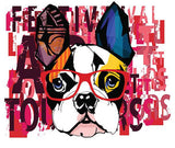 tableau chien lunette et écriture rose