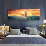 tableau peinture bateaux ciel orange