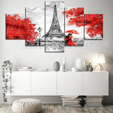 tableau noir et blanc arbre rouge et tour Eifel