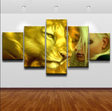 tableau lion jaune et femme
