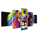 tableau multicolore lion fond noir