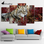 tableau loup et fleurs rouges