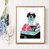 tableau chien livre et nœud papillon