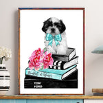 tableau chien livre et nœud papillon