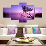 Tableau arbre et lac horizon rose