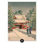 Affiche japonaise maison rouge sous la neige