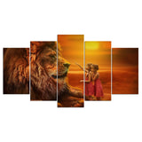 tableau d’un lion avec deux enfants