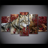 tableau loup et fleurs rouges