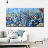 tableau peinture chat gris et fleurs