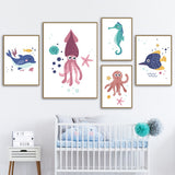 Cartoon Whale Dolphin Seahorse Octopus Wall Art Canvas 