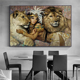 tableau lionne et femme en Egypte