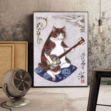 Japanese floating Samurai Cat Canvas Painting retro style 