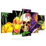 tableau crâne et fleurs oranges et violettes