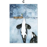 Shark Whale Ocean Sky Killer Whale Cartoon Wall Art Canvas 