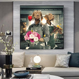 tableau vintage chien et bouquet de fleur