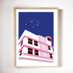 Tableau peinture bâtiment rose et blanc