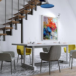 tableau peinture fleurs bleues et oranges