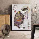 Japanese floating Samurai Cat Canvas Painting retro style 