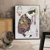 Japanese floating Samurai Cat Canvas Painting retro style 