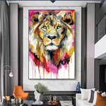 tableau abstrait grand lion fond rose