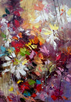 tableau peinture fleurs bleues et oranges