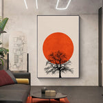 tableau dessin lune orange et arbre