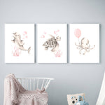 Pink Dolphin Turtle Octopus Wall Art Canvas Painting Cartoon