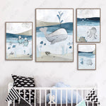 Childlike Whale Turtle Canvas Painting Blue Ocean Octopus 