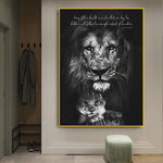 tableau noir et blanc lion et bébé