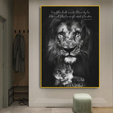 tableau noir et blanc lion et bébé
