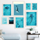 Blue Whale Shark Diver Sail Manta Rays Surf Sea Wall Art 